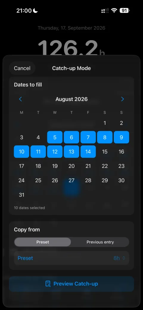 Choose the dates to catch up.