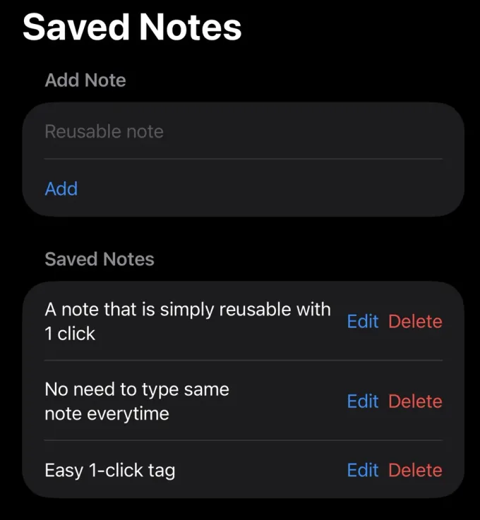 Hourly notes, presets and catch-up: actual app interface with example records